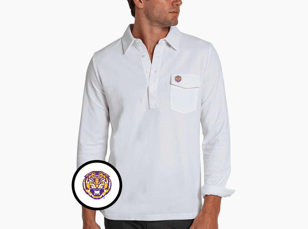 Criquet LSU Long Sleeve Players Shirt in Tigerhead, White, view 1