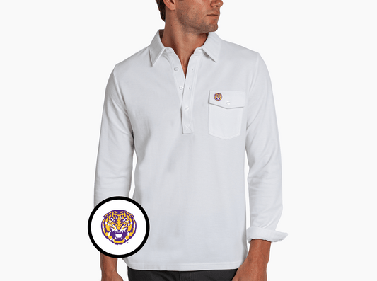 Criquet LSU Long Sleeve Players Shirt in Tigerhead, White, view 1