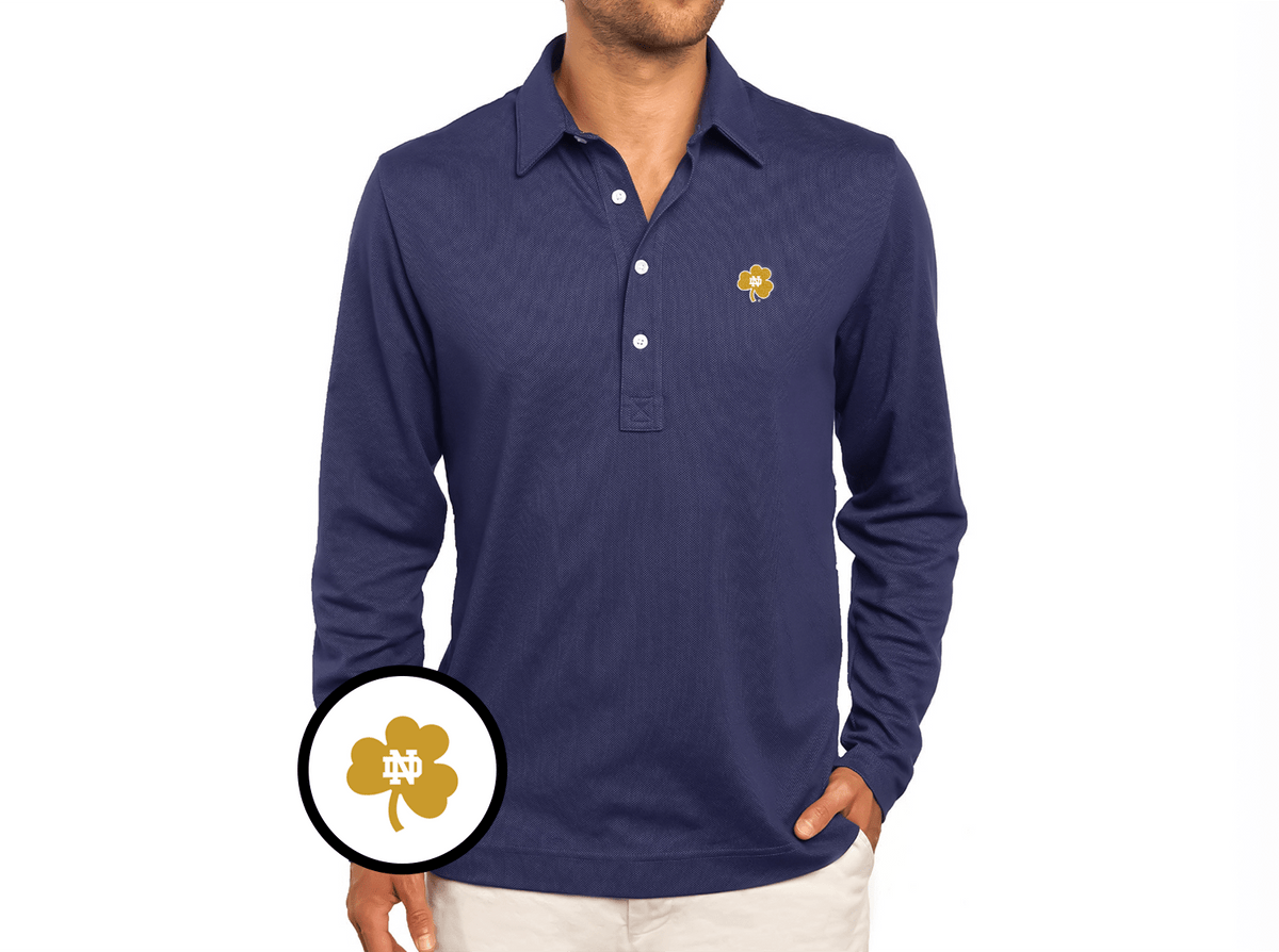 Criquet Notre Dame in Jacquard Long Sleeve Polo, Shamrock, Navy, view 1