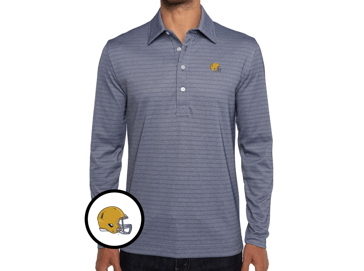 Criquet Notre Dame in Jacquard Long Sleeve Polo, Helmet, Navy Stripe, view 1