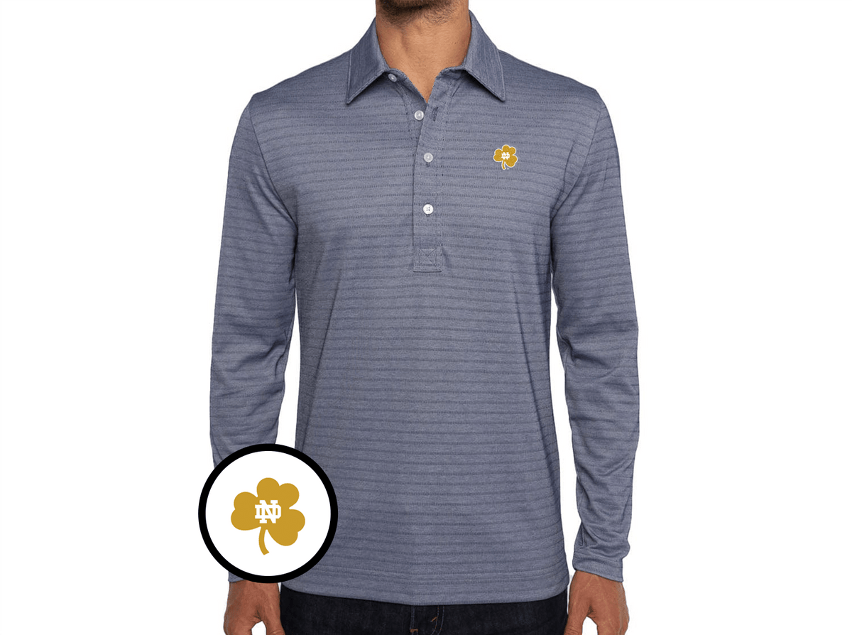 Criquet Notre Dame Jacquard Long Sleeve Range Polo in Shamrock, Navy Stripe, view 1