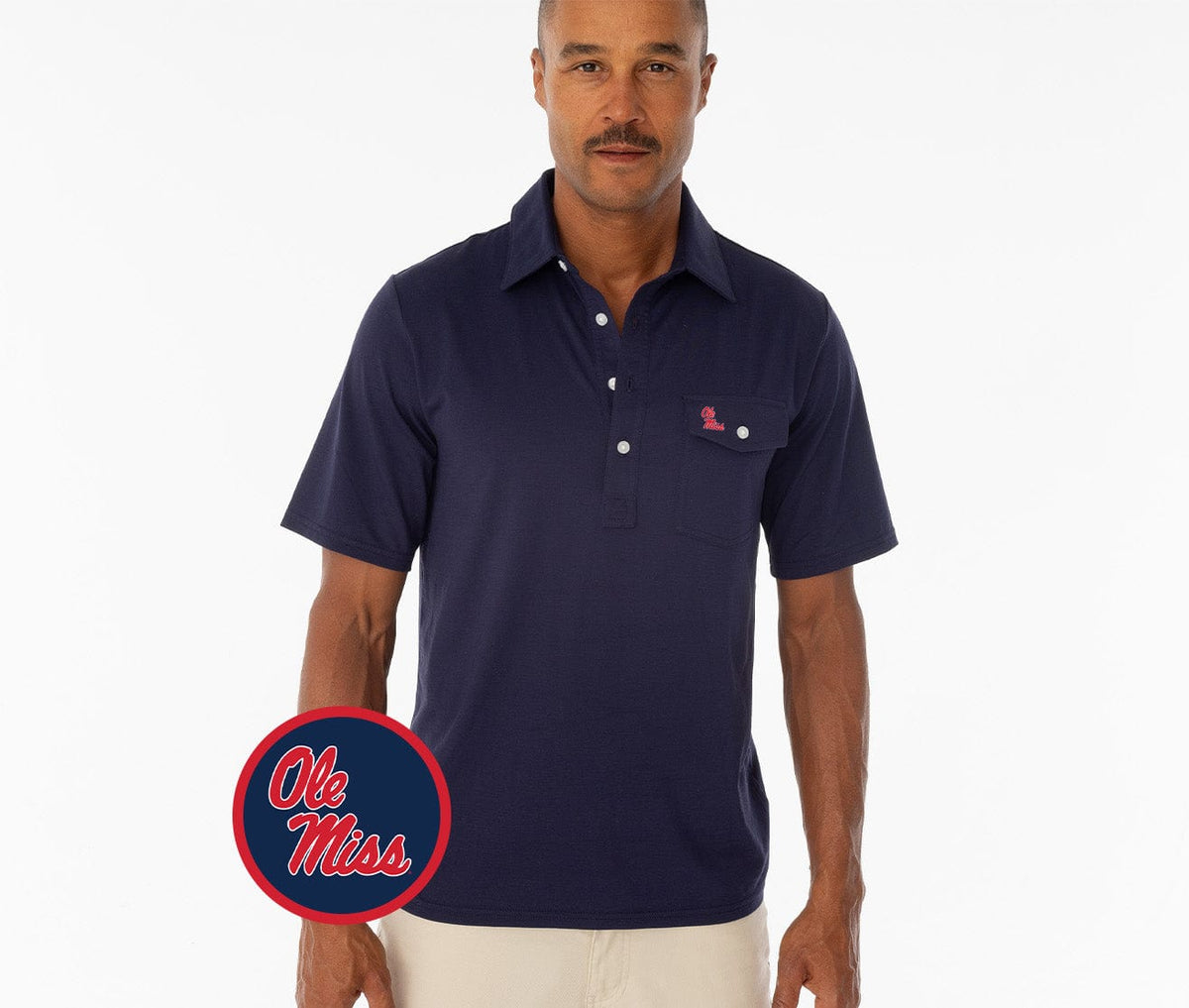 Criquet Ole Miss in Coach's Performance Players Shirt, Ole Miss Stack, Navy, view 1