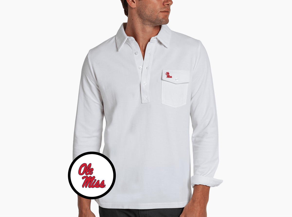 Criquet Ole Miss Long Sleeve Players Shirt in Ole Miss Stack, White, view 1