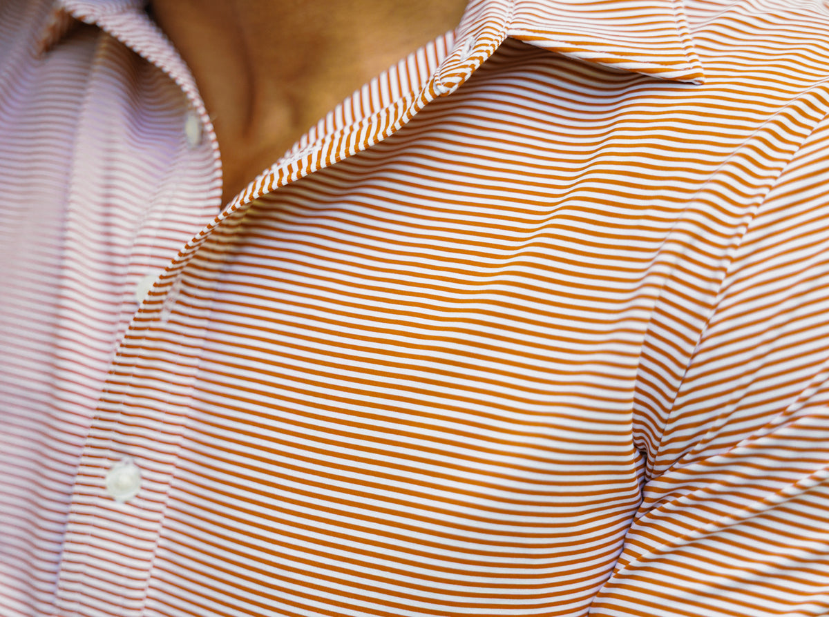 Criquet Performance Sport Range Polo in Hobby Stripe, Burnt Orange, view 2