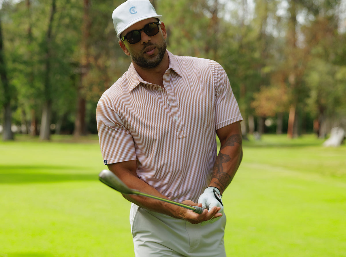 Criquet Performance Sport Range Polo in Hobby Stripe, Burnt Orange, view 6
