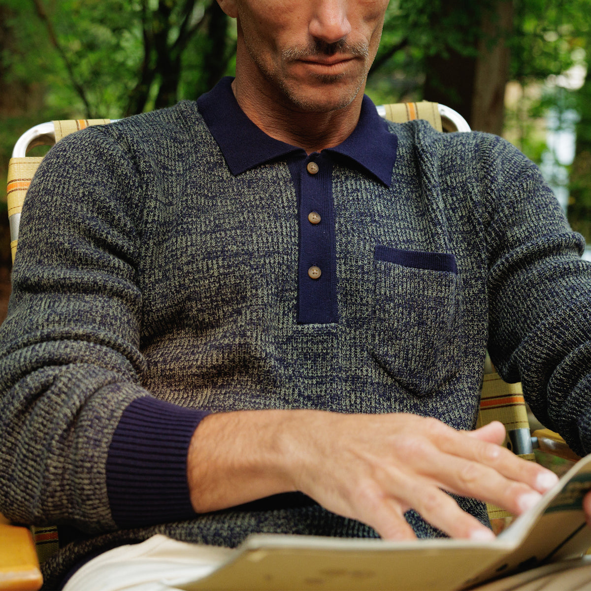 Long Sleeve Bungalow Sweater Polo - Navy