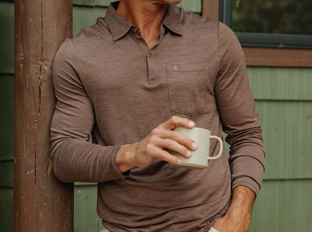 Dan Merino Long Sleeve Polo - Brown