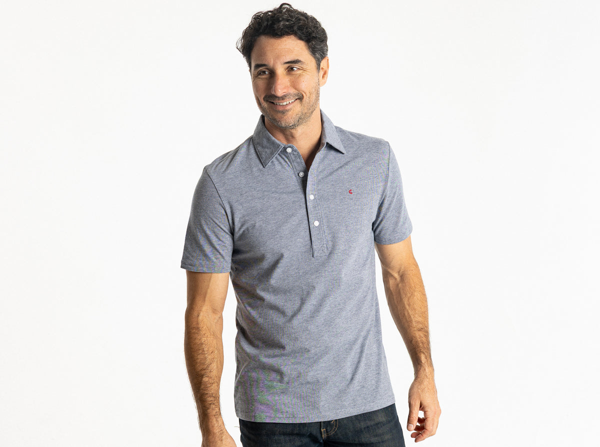 Criquet Slim Fit Top-Shelf Range Polo in Indigo Microstripe, studio photo