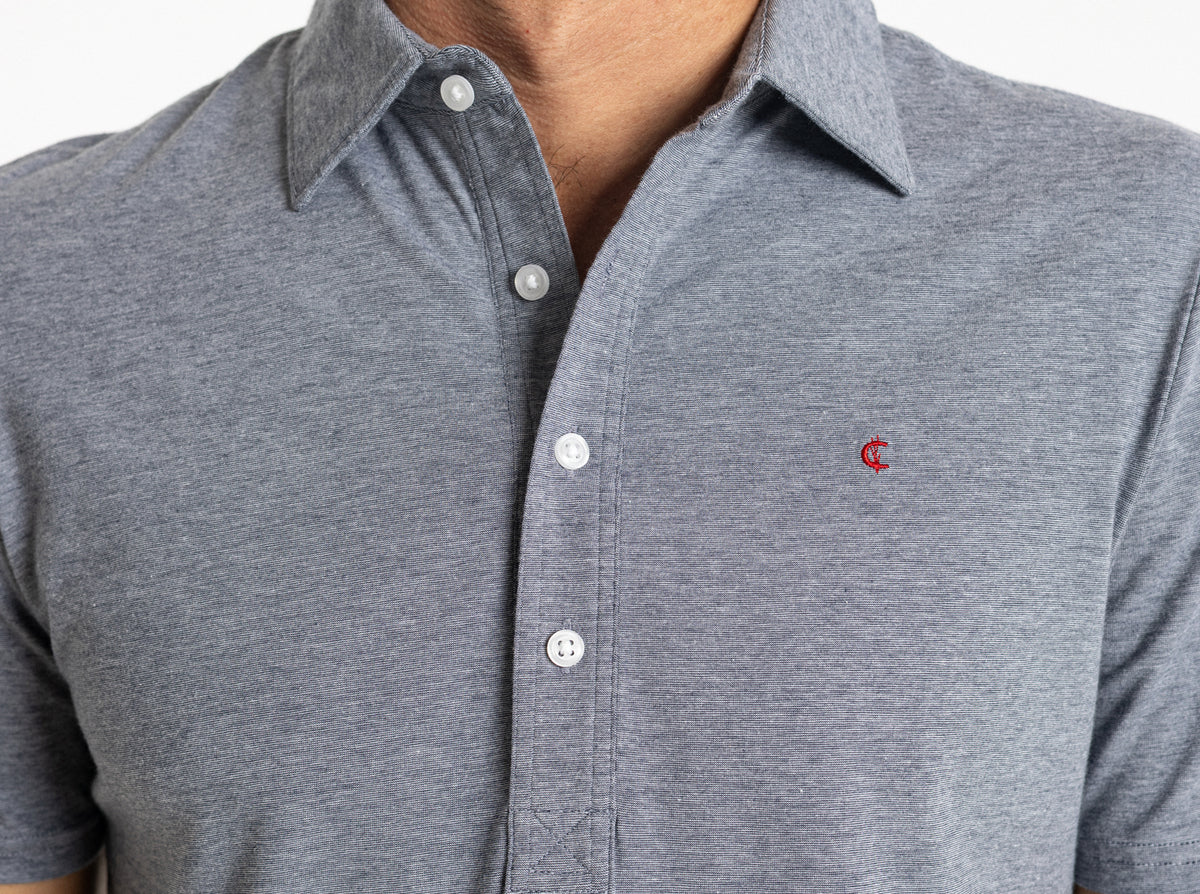 Criquet Slim Fit Top-Shelf Range Polo in Indigo Microstripe, studio photo