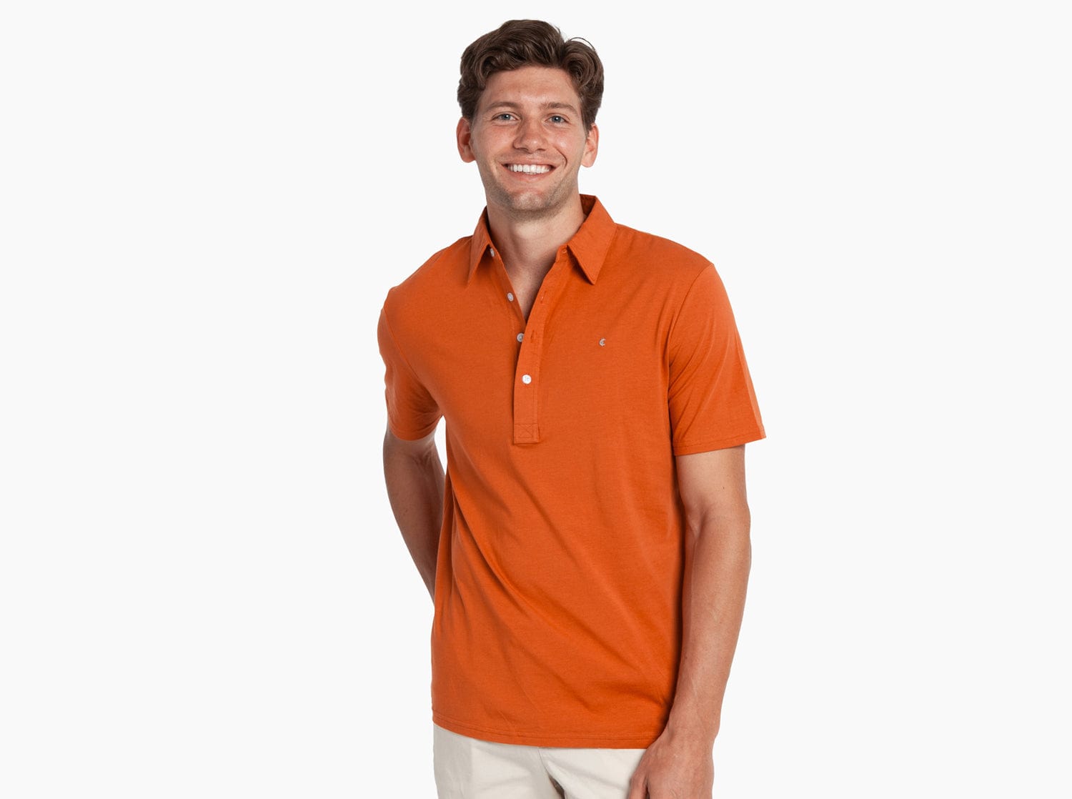 Criquet Slim Fit Top-Shelf Range Polo in Burnt Orange, studio photo