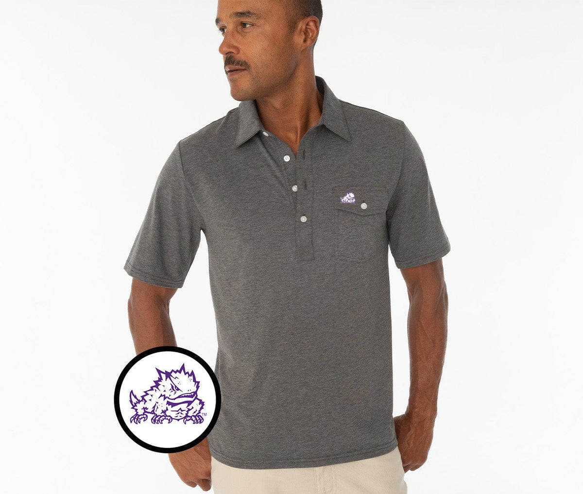 Criquet TCU in Coach's Performance Players Shirt, Horned Frog, Heather Gray, view 1