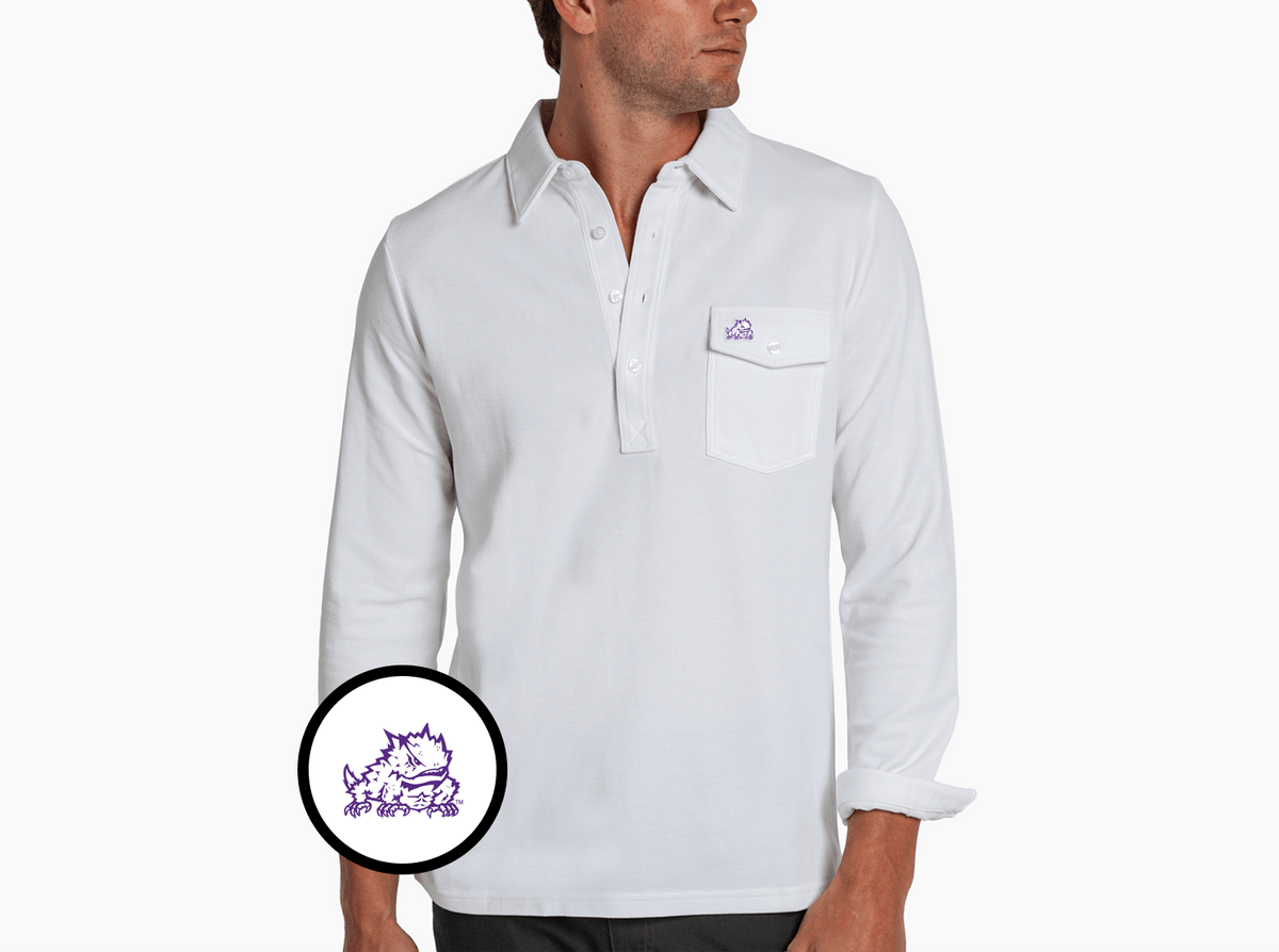 Criquet TCU Long Sleeve Players Shirt in Horned Frog, White, view 1