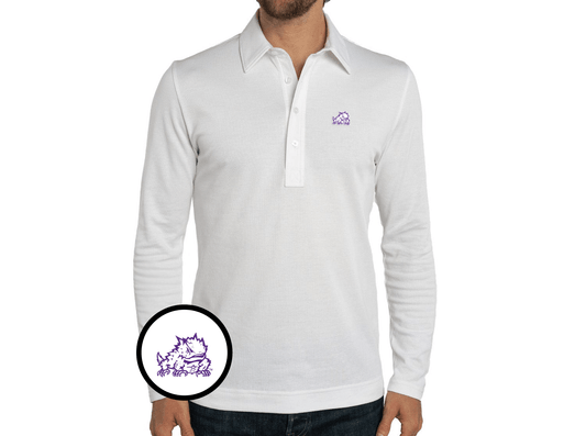 Criquet TCU Jacquard Long Sleeve Range Polo in Horned Frog, White, view 1
