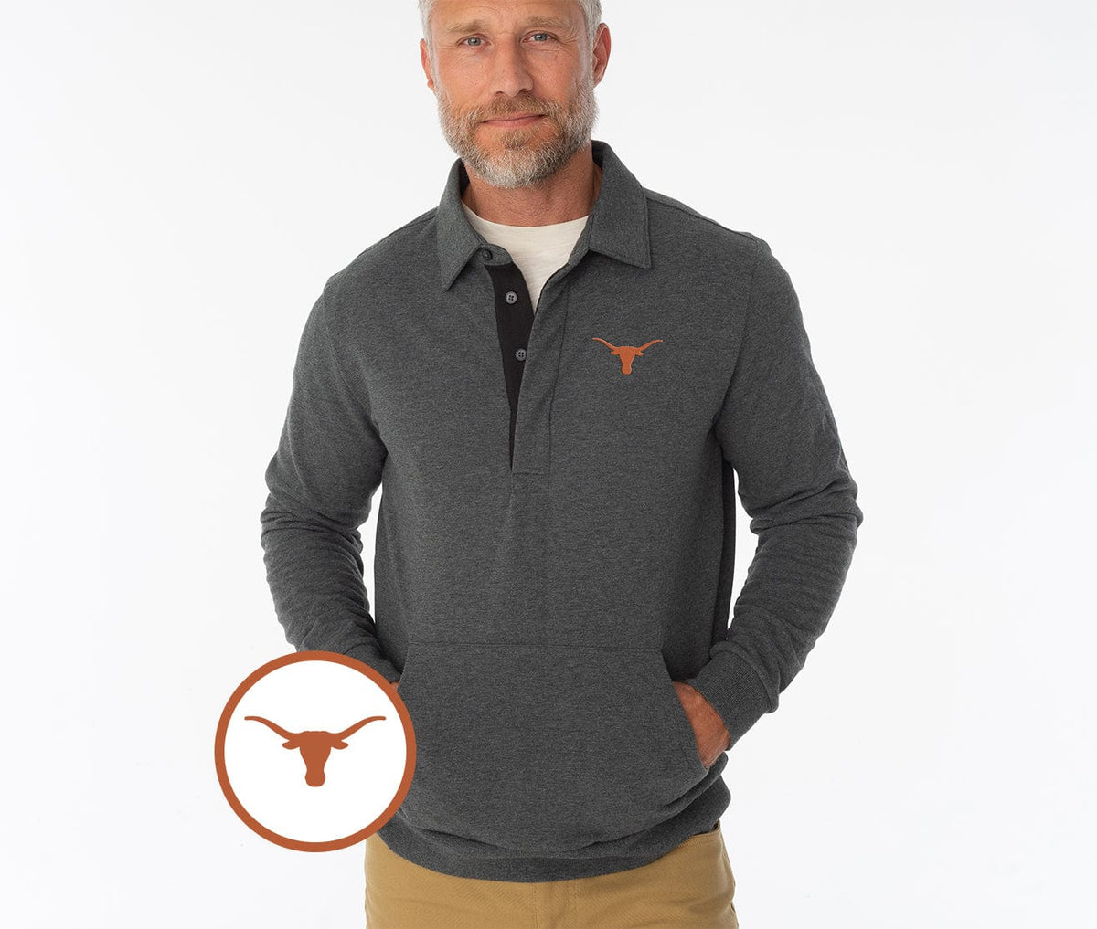 Criquet Texas in Collared Sweatshirt, Longhorn, Heather Charcoal, view 1
