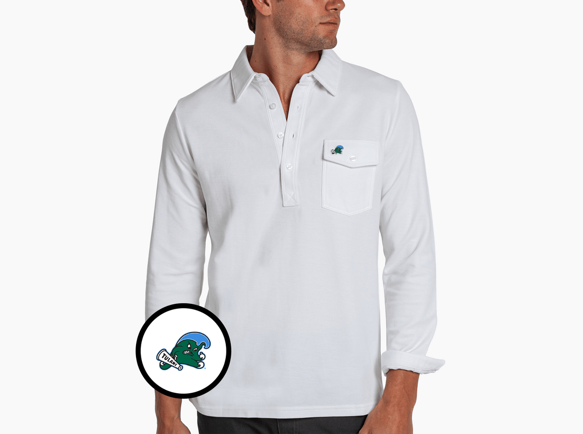 Criquet Tulane Jacquard Long Sleeve Range Polo in Riptide- White, view 1