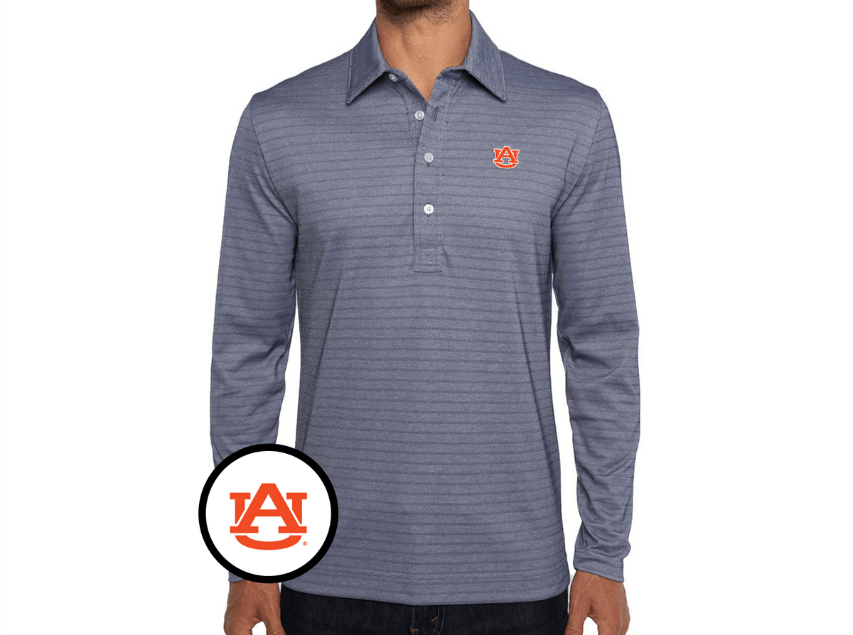 Criquet Auburn Jacquard Long Sleeve Range Polo in AU, Navy Stripe, view 1