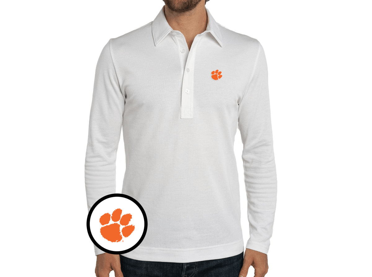 Criquet Clemson in Jacquard Long Sleeve Polo, Paw, White, view 1