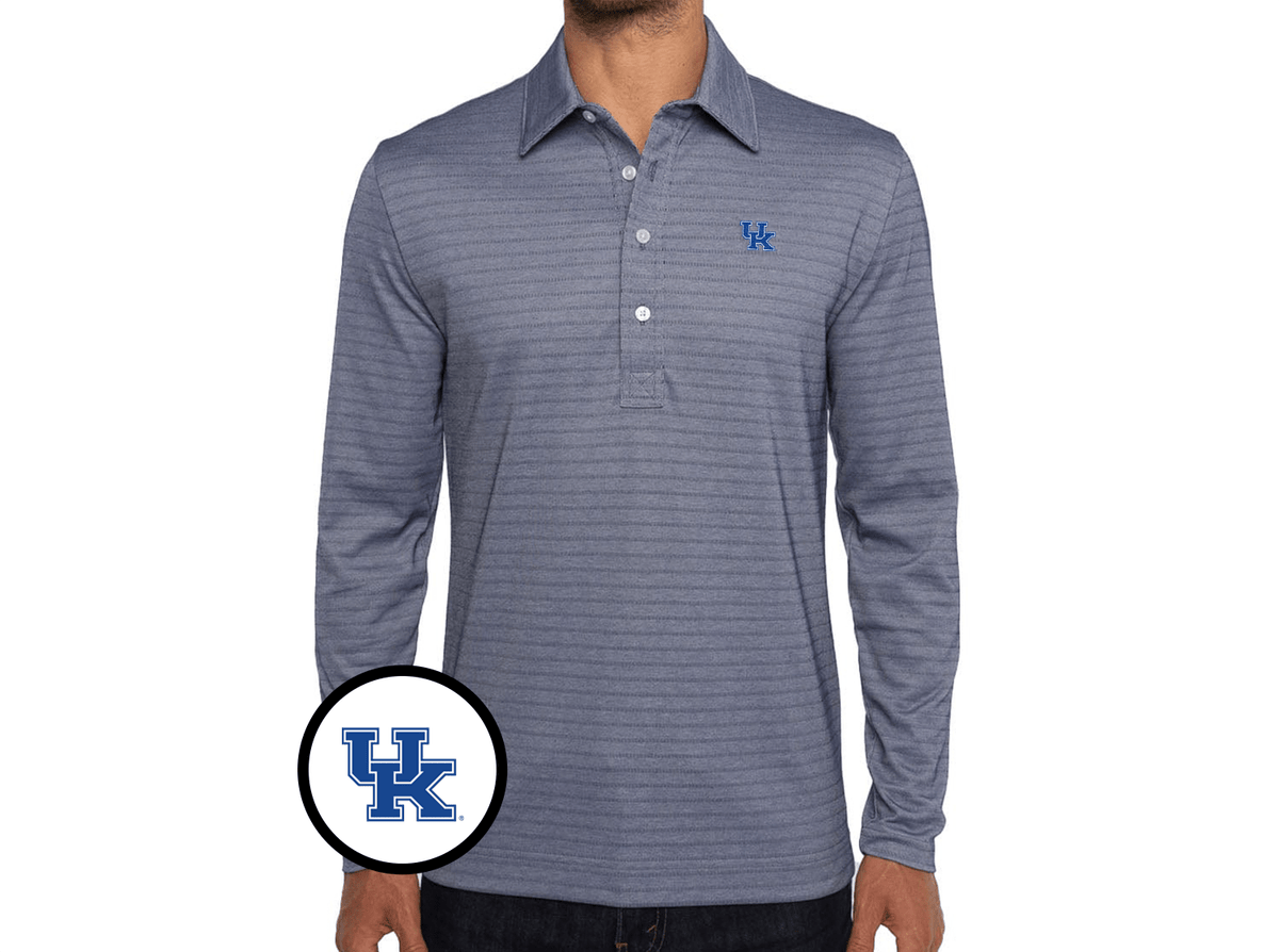 Criquet Kentucky Jacquard Long Sleeve Range Polo in UK Icon, Navy Stripe, view 1