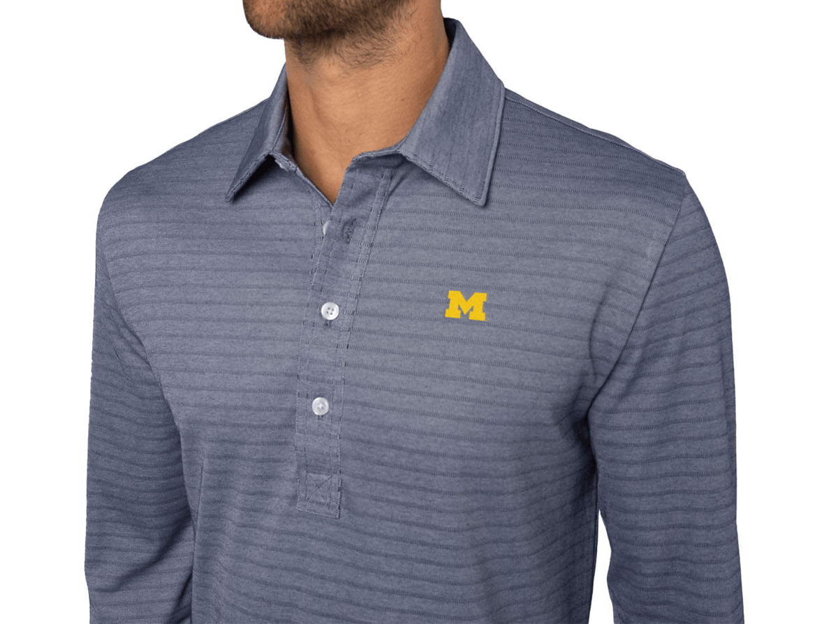 Criquet Michigan Jacquard Long Sleeve Range Polo in M Logo, Navy Stripe, view 2