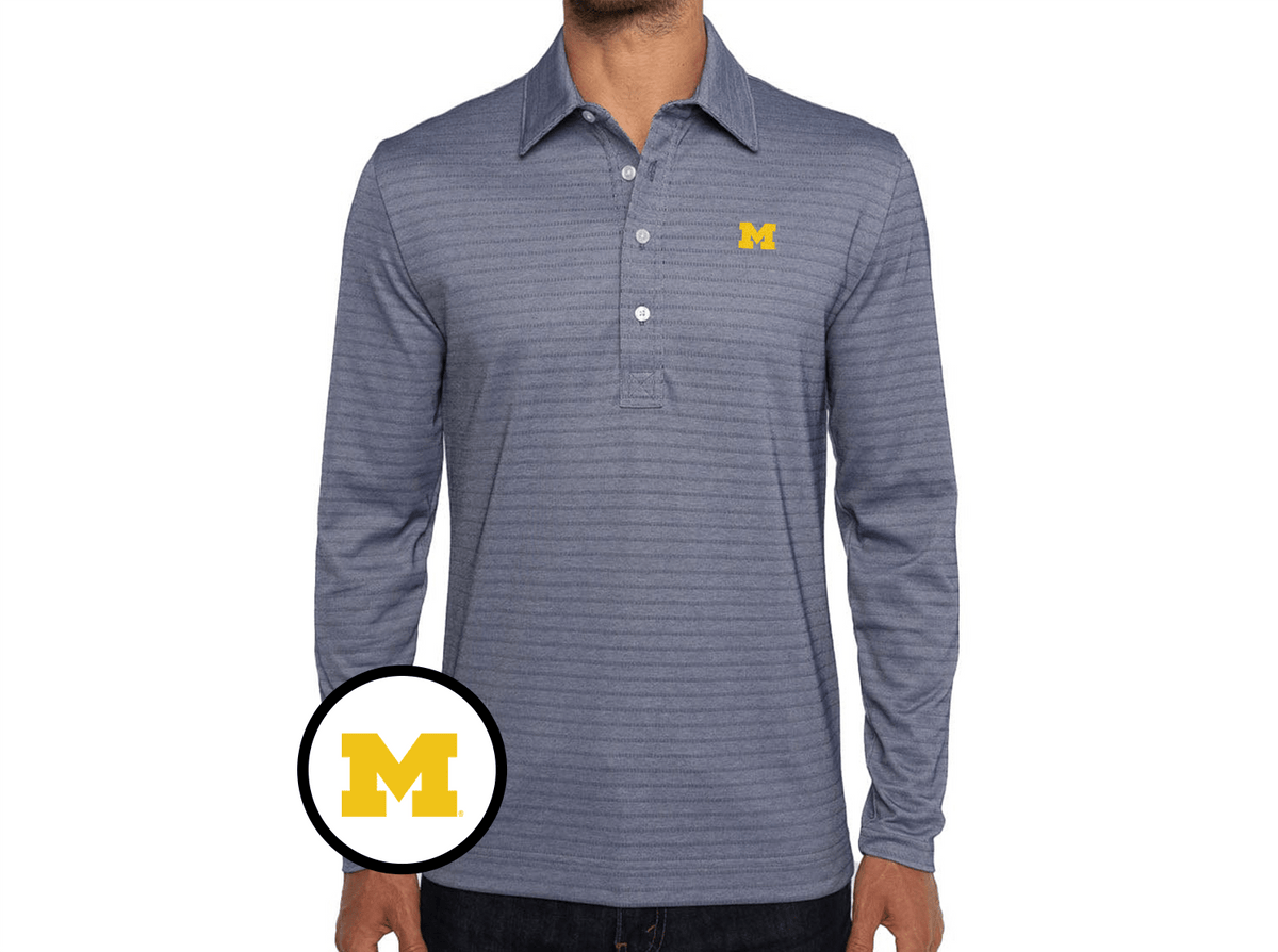 Criquet Michigan Jacquard Long Sleeve Range Polo in M Logo, Navy Stripe, view 1