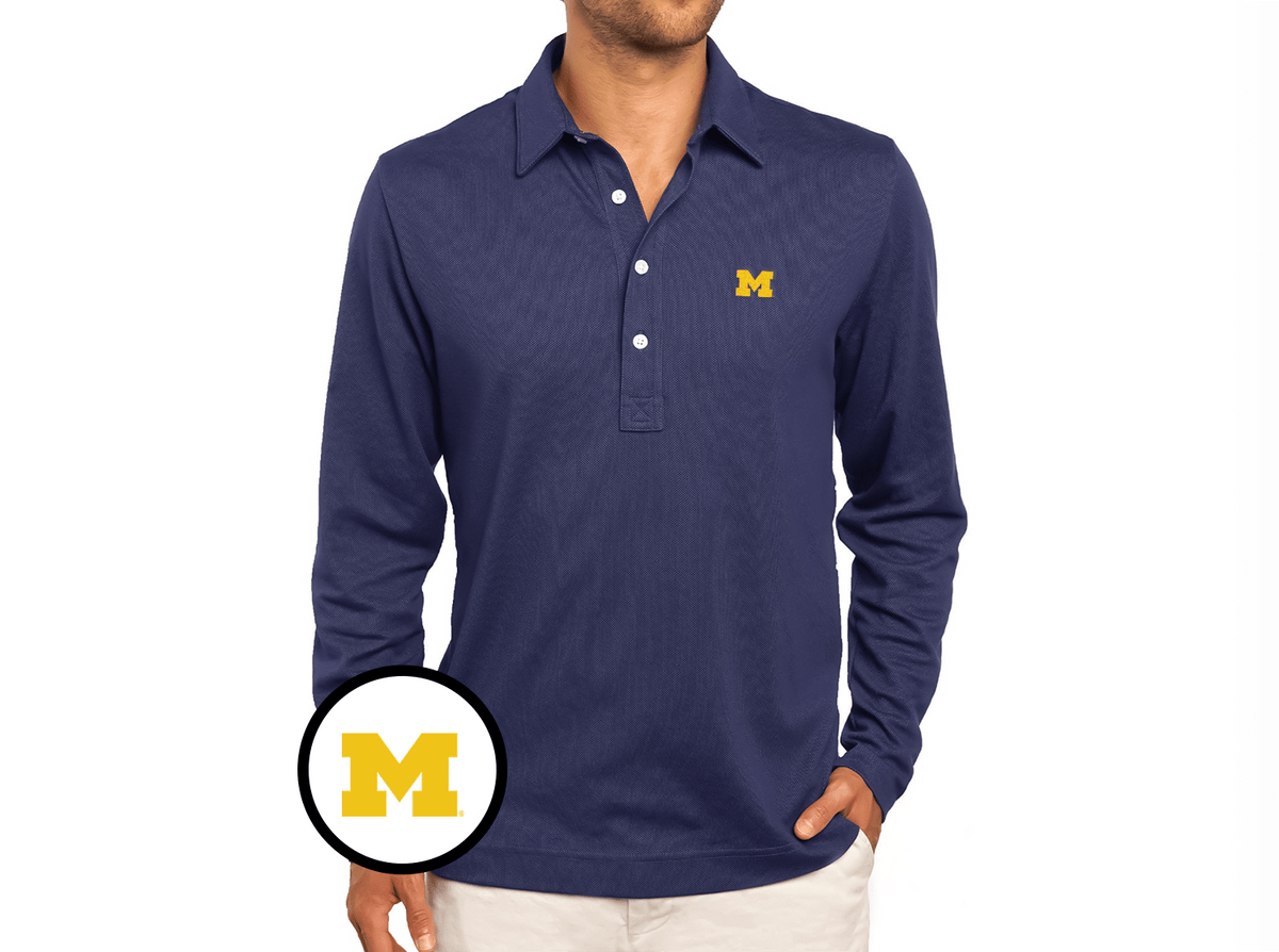 Criquet Michigan Jacquard Long Sleeve Range Polo in M Logo, Navy, view 2
