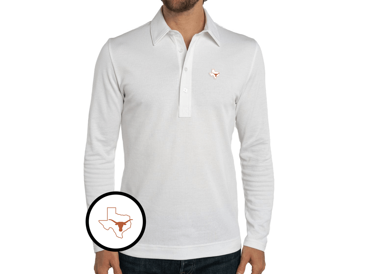 Criquet Texas Jacquard Long Sleeve Range Polo in State Horn, White, view 1