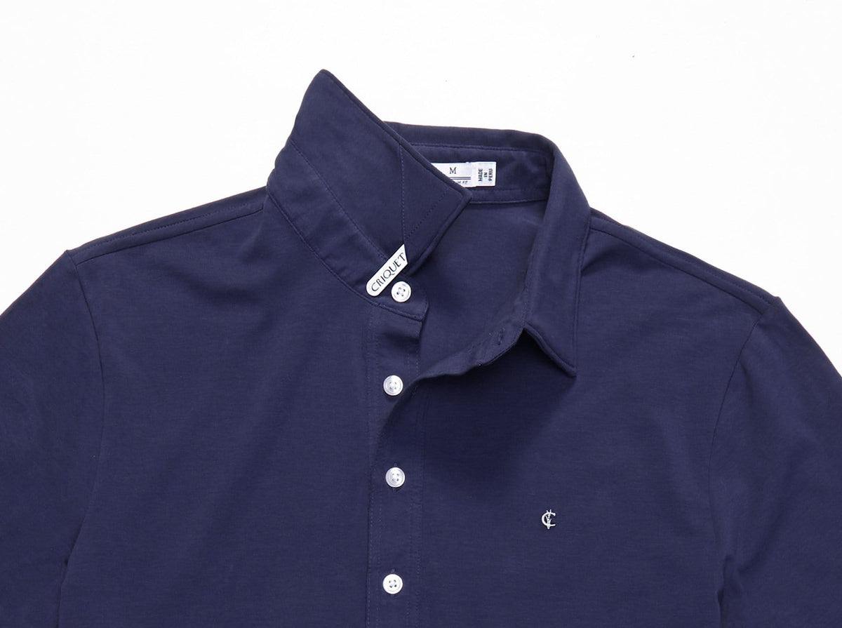 Criquet Slim Fit Top-Shelf Range Polo in Navy Blue, close-up detail